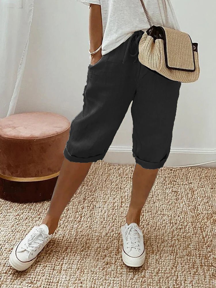 Evie | Women’s Cropped Trousers | Drawstring Waist Rolled Hems Summer Wear — image 02 — MAREACO