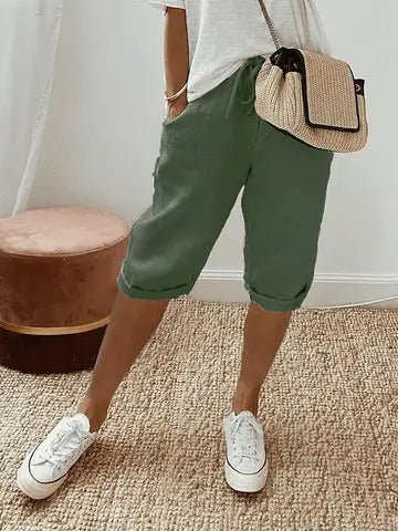 Evie | Women’s Cropped Trousers | Drawstring Waist Rolled Hems Summer Wear — image 03 — MAREACO