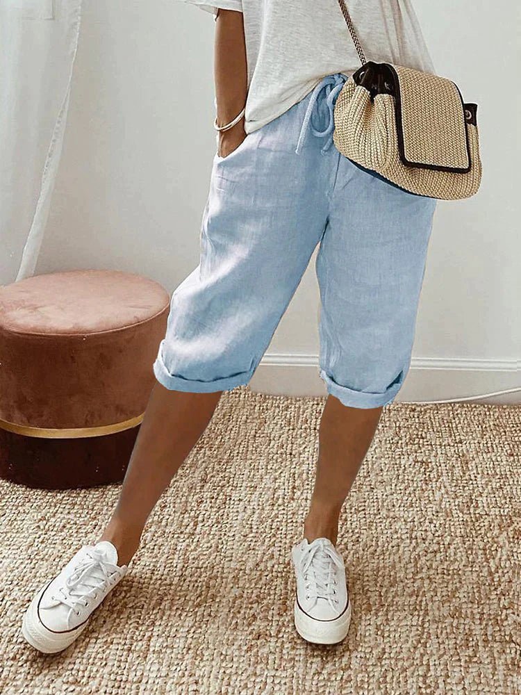 Evie | Women’s Cropped Trousers | Drawstring Waist Rolled Hems Summer Wear — image 04 — MAREACO