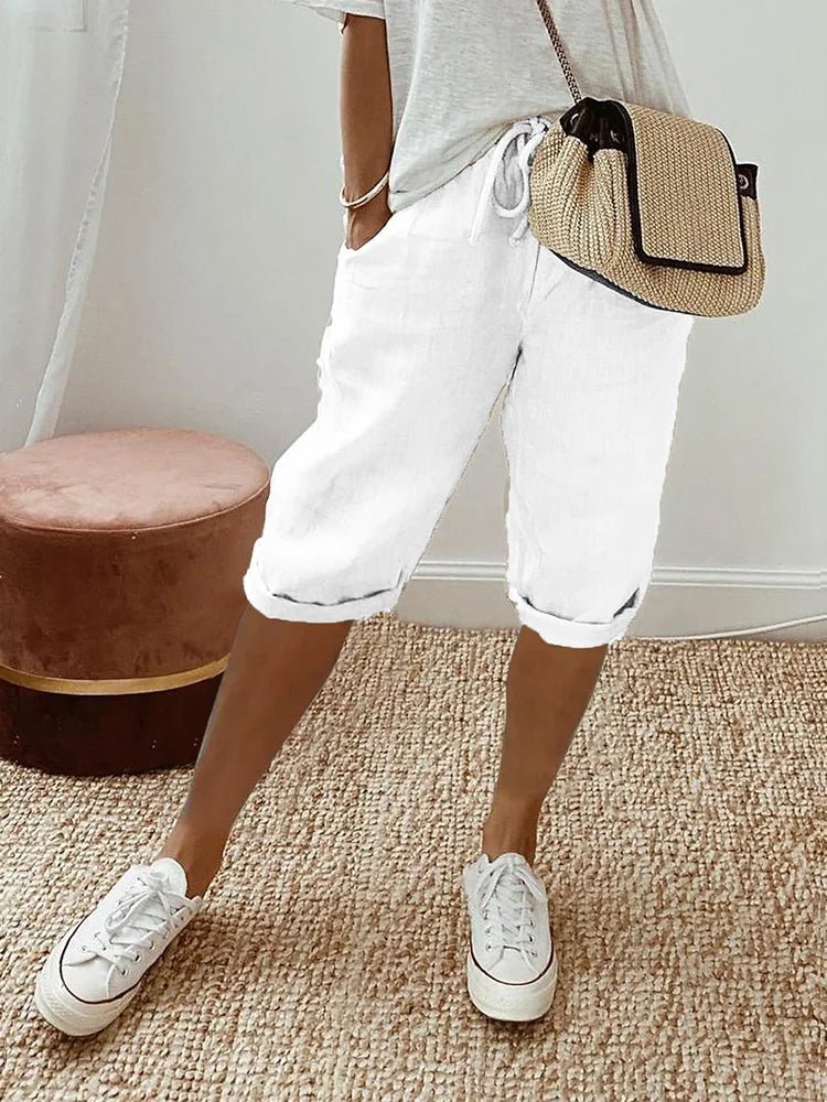Evie | Women’s Cropped Trousers | Drawstring Waist Rolled Hems Summer Wear — image 05 — MAREACO
