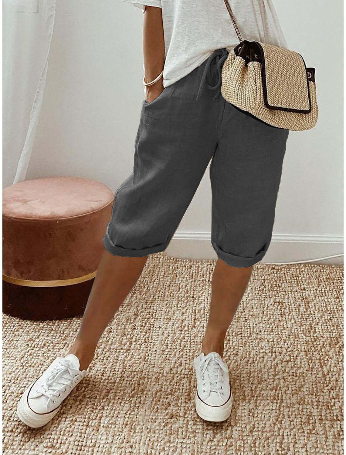 Evie | Women’s Cropped Trousers | Drawstring Waist Rolled Hems Summer Wear — image 06 — MAREACO
