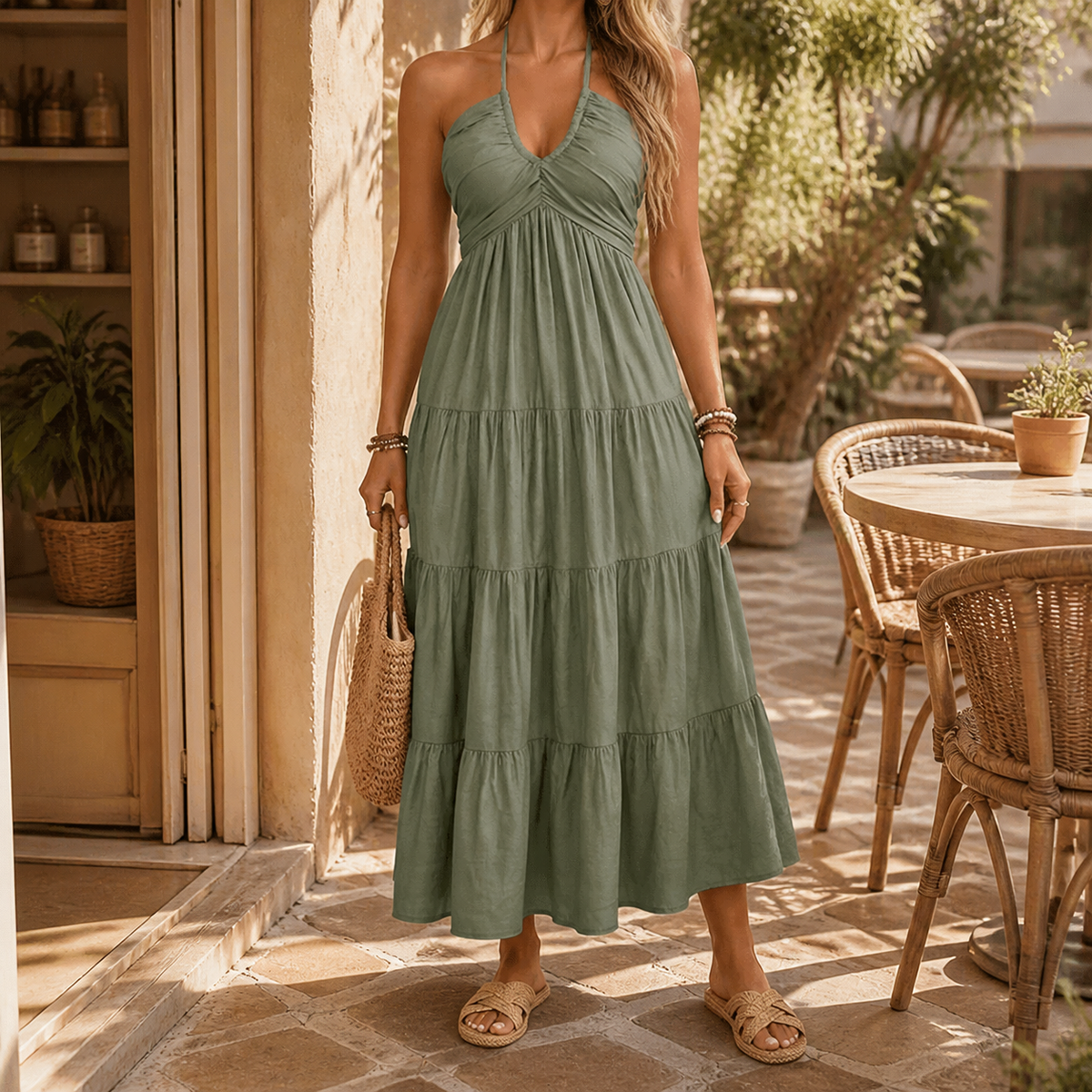 Evie | Women’s Maxi Dress | Halter Neck Tiered Skirt Summer Wear — image 02 — MAREACO