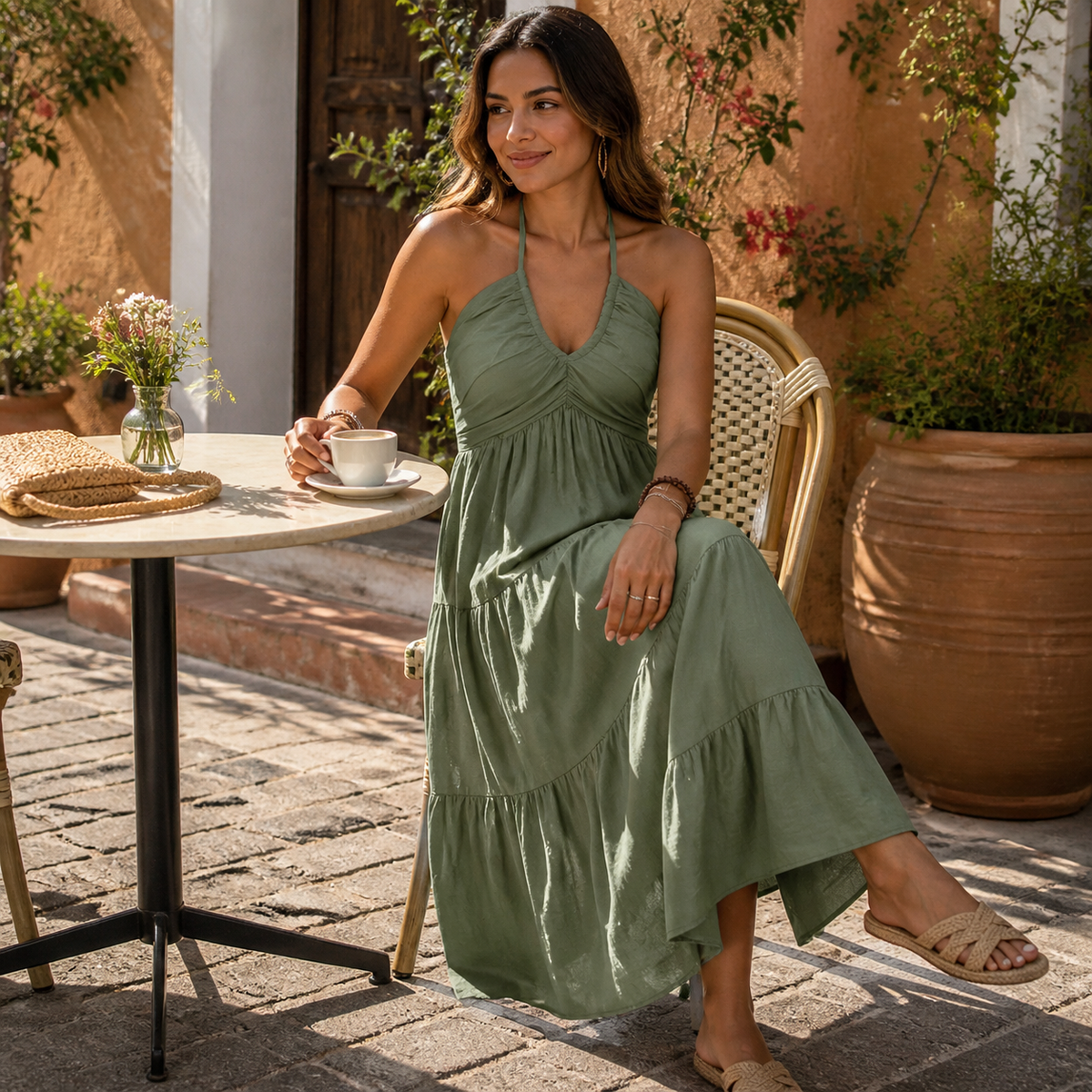 Evie | Women’s Maxi Dress | Halter Neck Tiered Skirt Summer Wear — image 04 — MAREACO