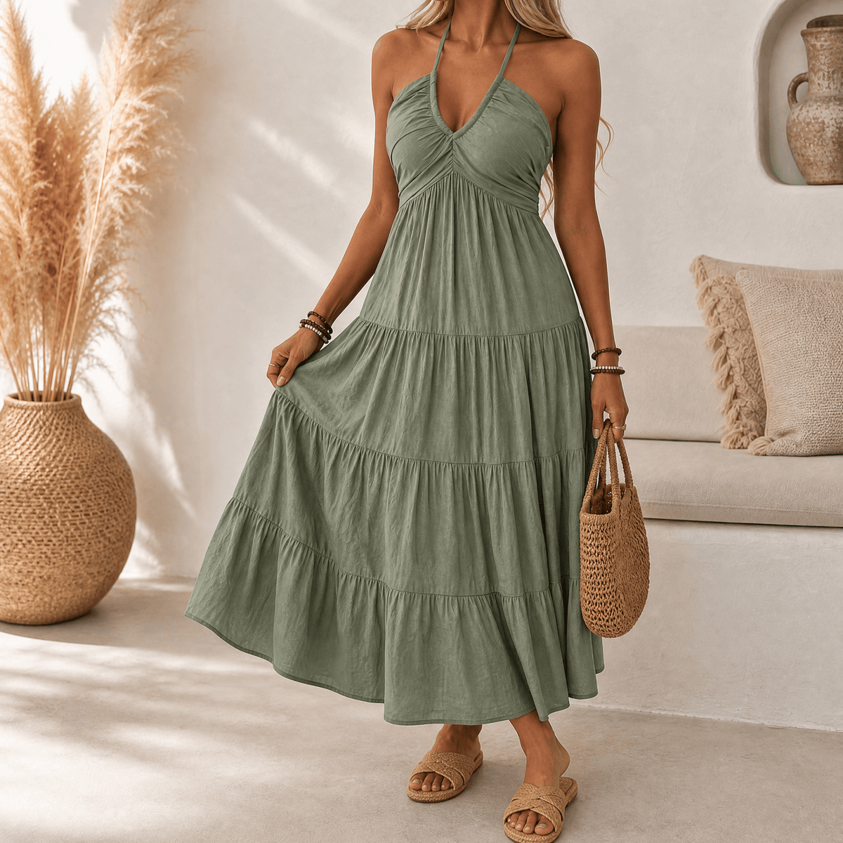 Evie | Women’s Maxi Dress | Halter Neck Tiered Skirt Summer Wear — image 11 — MAREACO