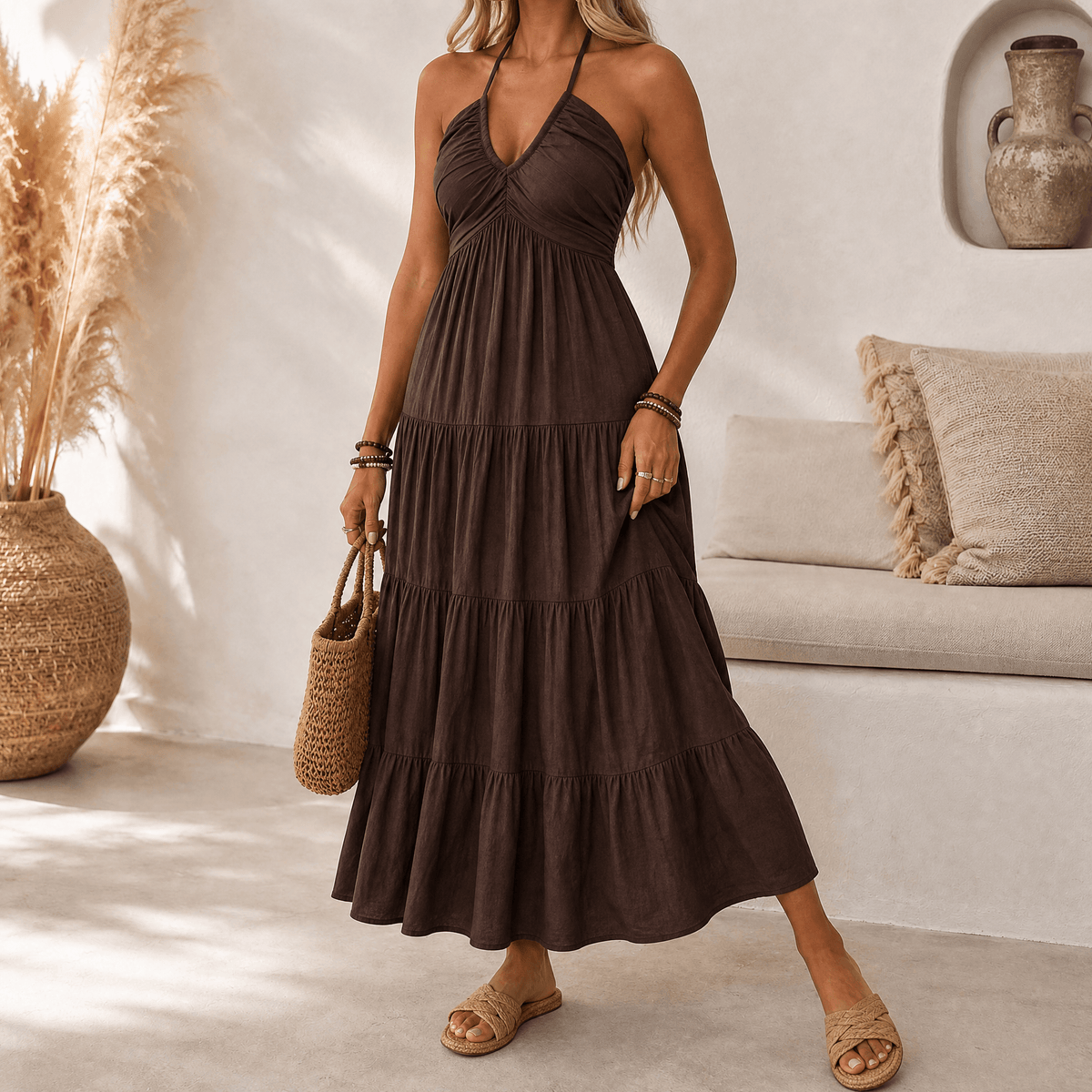 Evie | Women’s Maxi Dress | Halter Neck Tiered Skirt Summer Wear — image 12 — MAREACO
