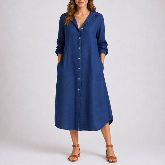 Evie | Women’s Midi Dress | Shirt Collar Button Front Everyday Wear — image 01 — MAREACO