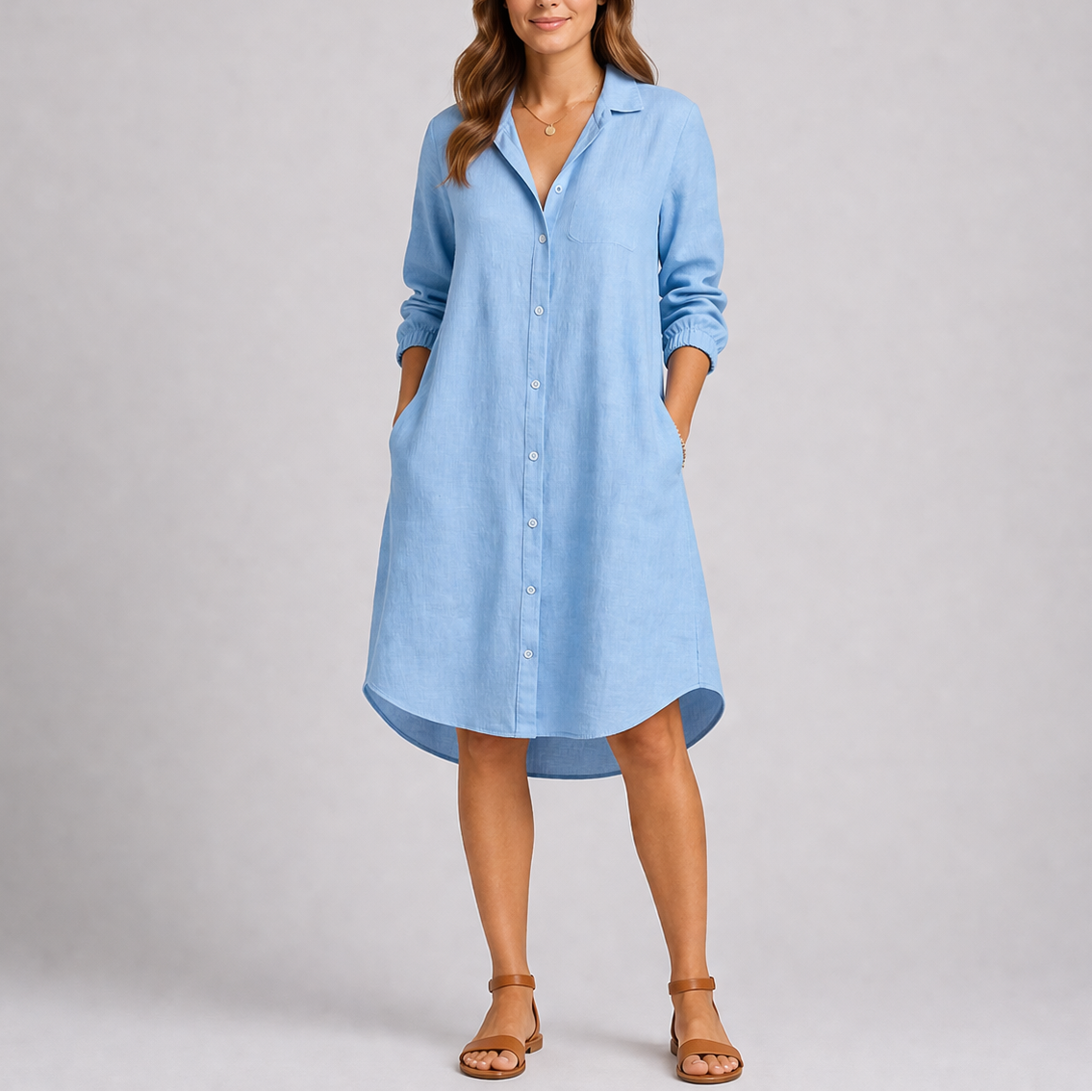 Evie | Women’s Midi Dress | Shirt Collar Button Front Everyday Wear — image 03 — MAREACO