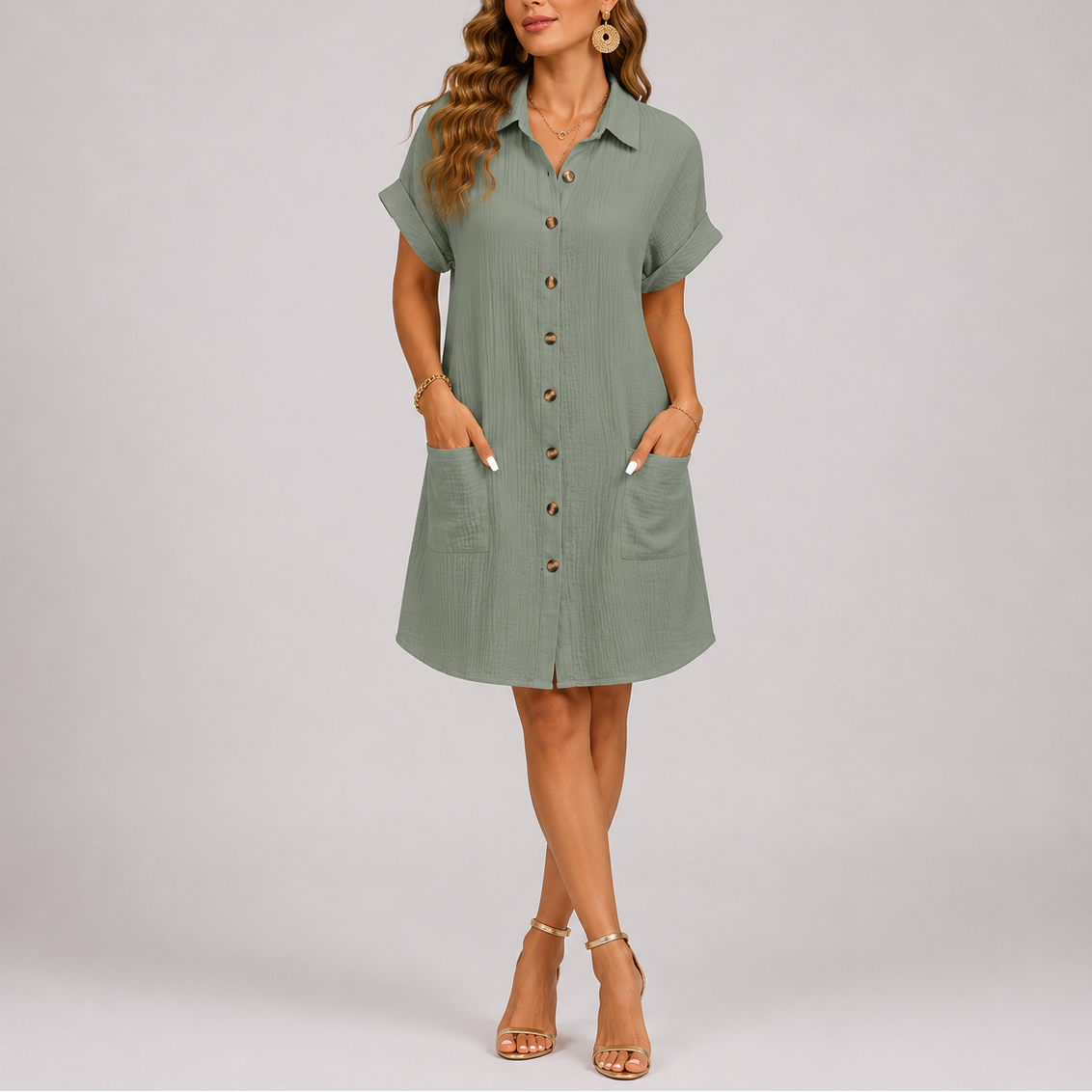 Evie | Women’s Mini Dress | Button Front Patch Pockets Everyday Wear — image 04 — MAREACO