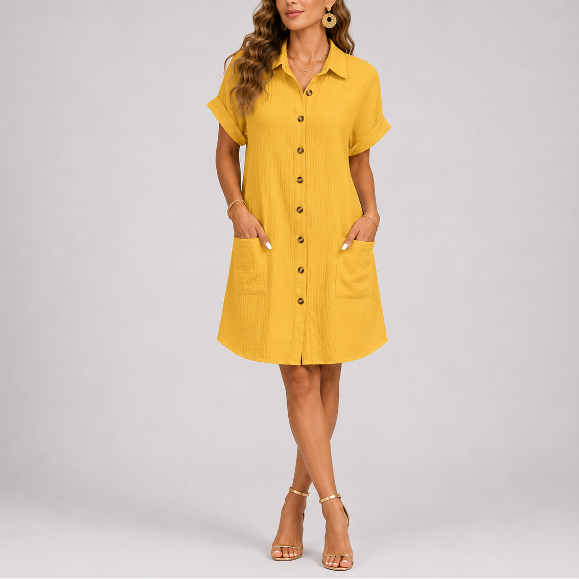 Evie | Women’s Mini Dress | Button Front Patch Pockets Everyday Wear — image 05 — MAREACO