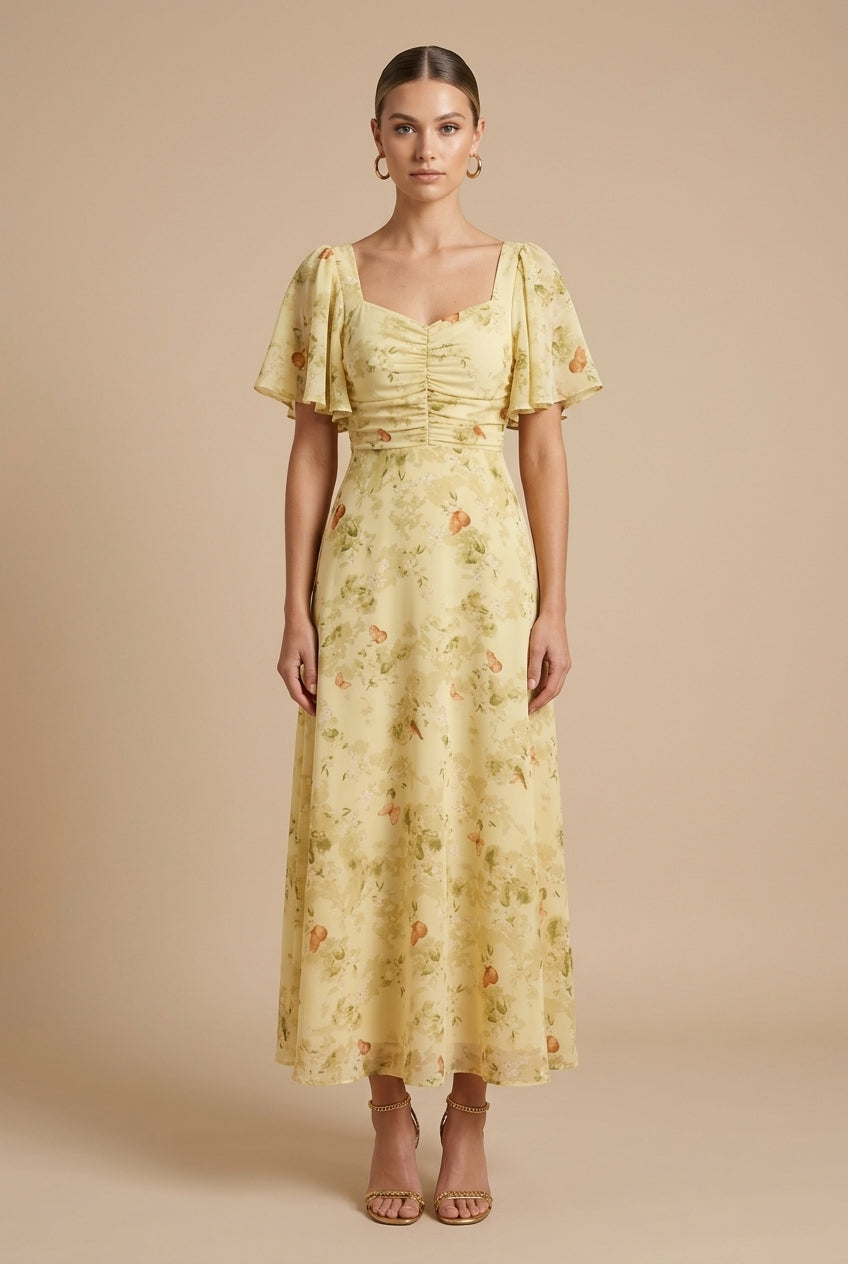 Florence | Women’s Maxi Dress | Floral Print Puff Sleeves Occasion Wear — image 01 — MAREACO