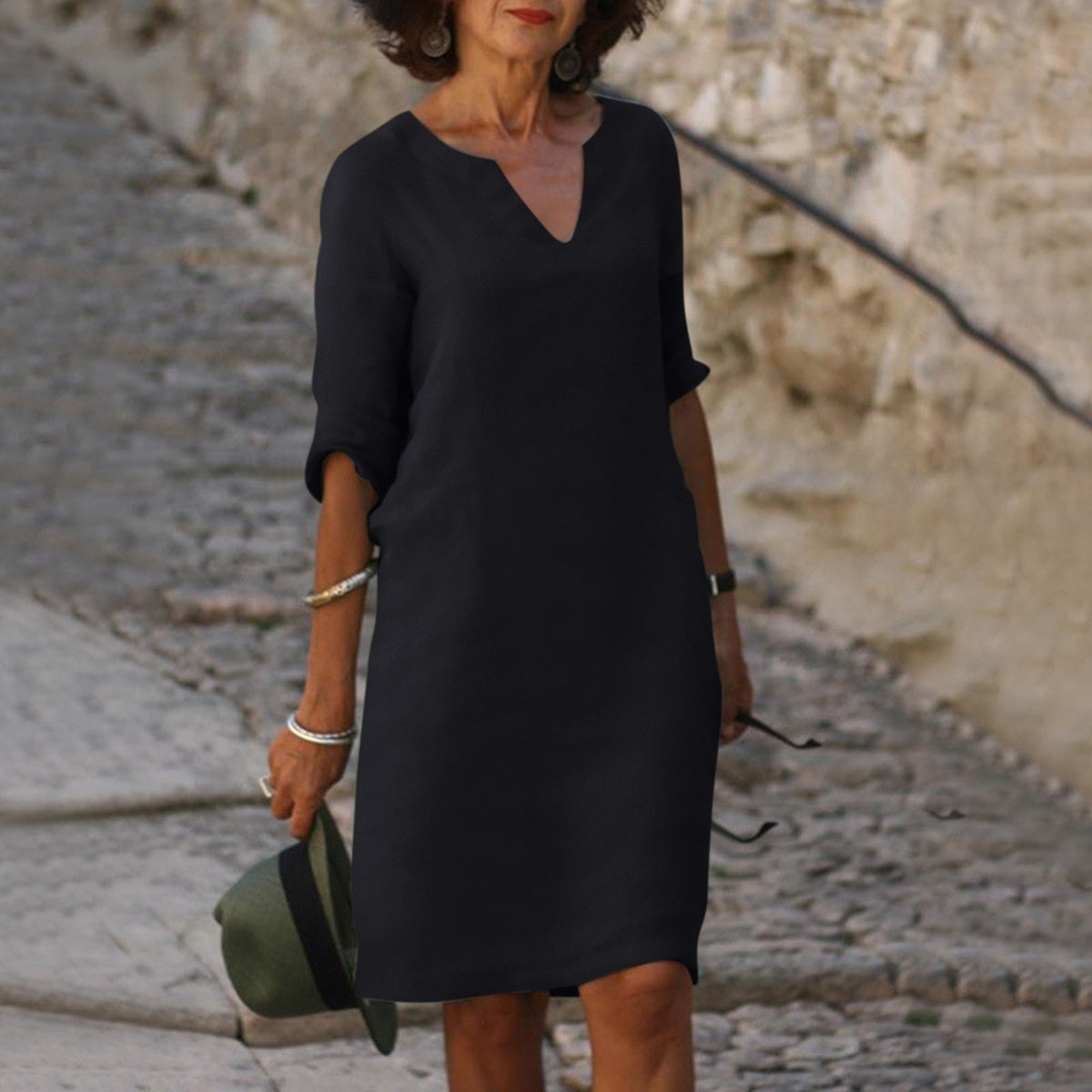 Florence | Women’s Midi Dress | V Neck Three Quarter Sleeves Everyday Wear — image 02 — MAREACO