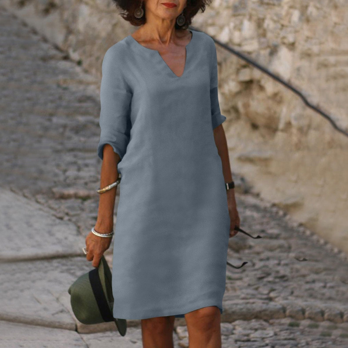 Florence | Women’s Midi Dress | V Neck Three Quarter Sleeves Everyday Wear — image 03 — MAREACO
