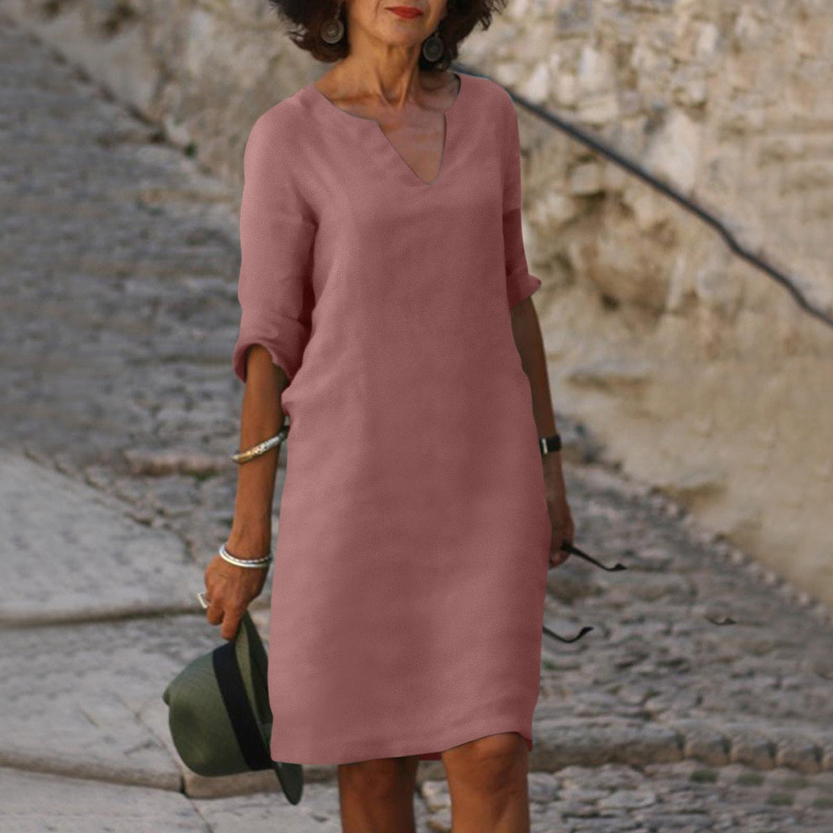 Florence | Women’s Midi Dress | V Neck Three Quarter Sleeves Everyday Wear — image 07 — MAREACO