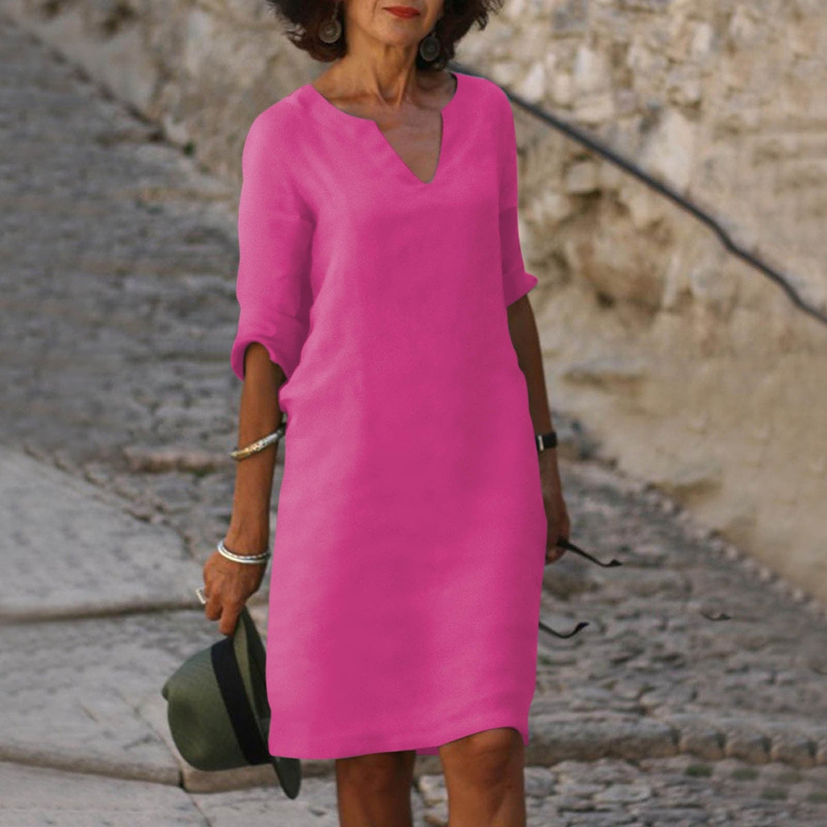 Florence | Women’s Midi Dress | V Neck Three Quarter Sleeves Everyday Wear — image 08 — MAREACO