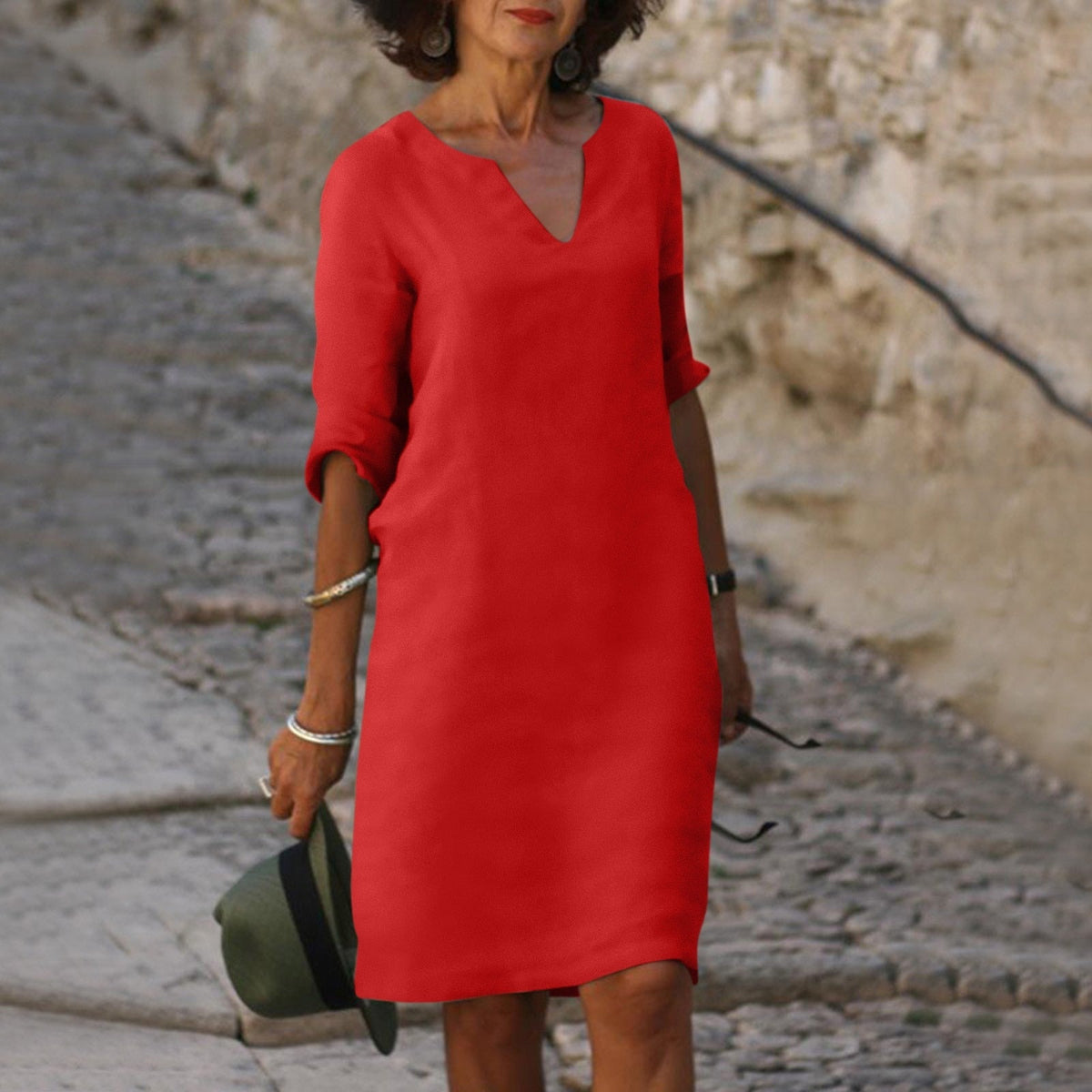 Florence | Women’s Midi Dress | V Neck Three Quarter Sleeves Everyday Wear — image 09 — MAREACO