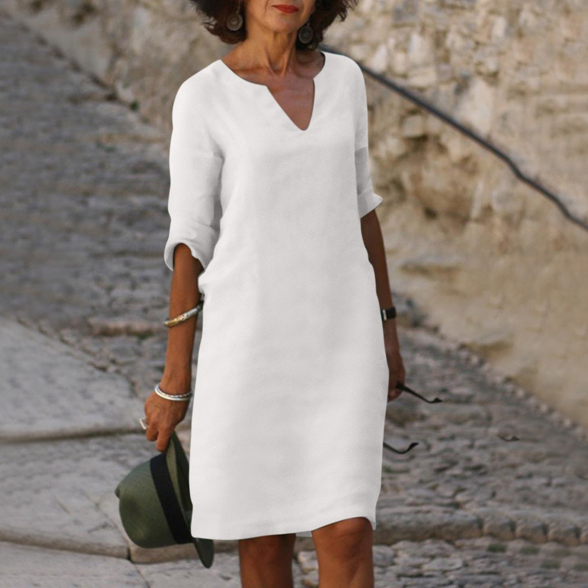 Florence | Women’s Midi Dress | V Neck Three Quarter Sleeves Everyday Wear — image 10 — MAREACO
