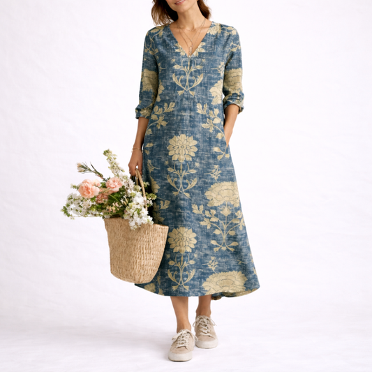 Freya | Women’s Midi Dress | Floral Print V Neck Everyday Wear — image 01 — MAREACO