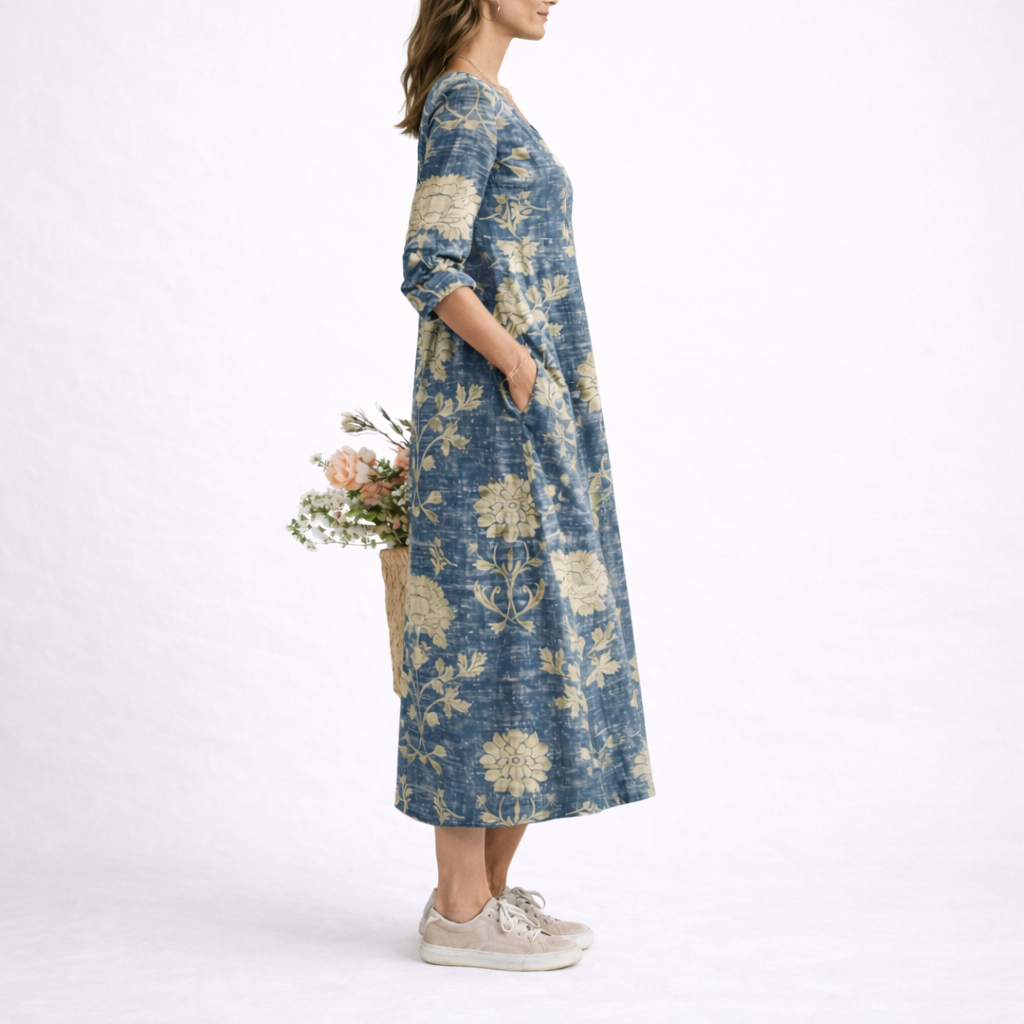 Freya | Women’s Midi Dress | Floral Print V Neck Everyday Wear — image 02 — MAREACO