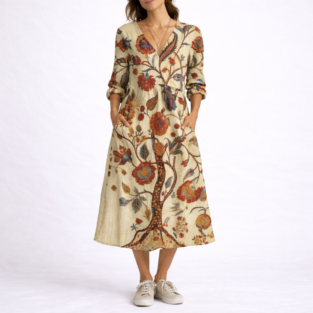 Freya | Women’s Midi Dress | Floral Print V Neck Everyday Wear — image 03 — MAREACO