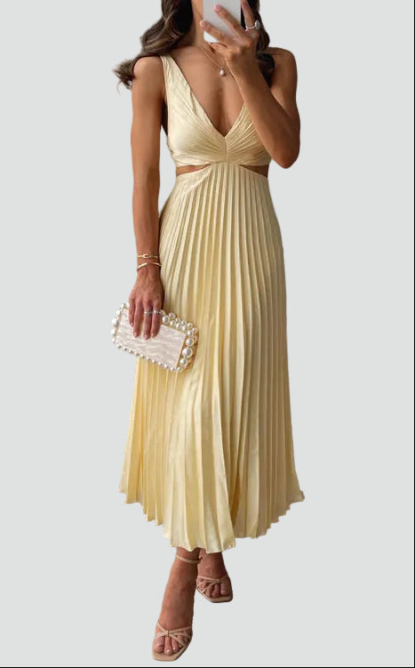 Freya | Women’s Midi Dress | Pleated Skirt Waist Cutout Occasion Wear — image 01 — MAREACO