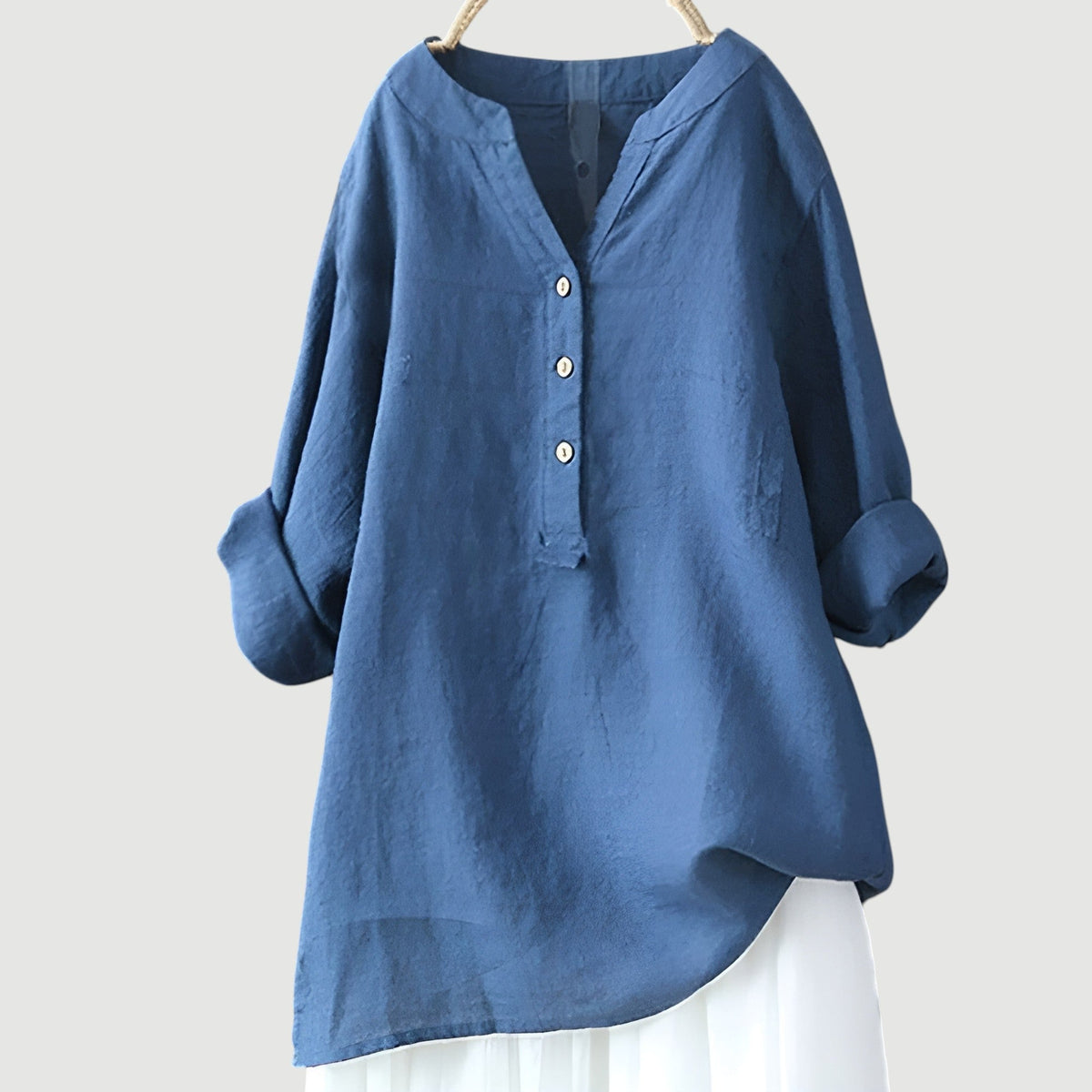 Freya | Women’s Tunic Blouse | V Neck Roll Tab Sleeves Daywear — image 06 — MAREACO