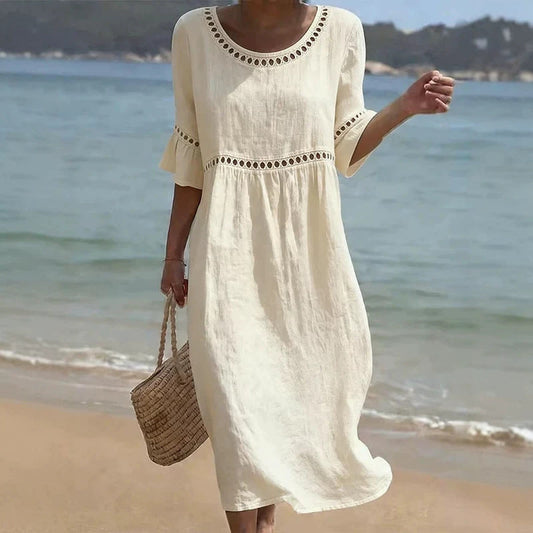 Grace | Women’s Midi Dress | Cutwork Trim Flared Sleeves Summer Wear — image 01 — MAREACO