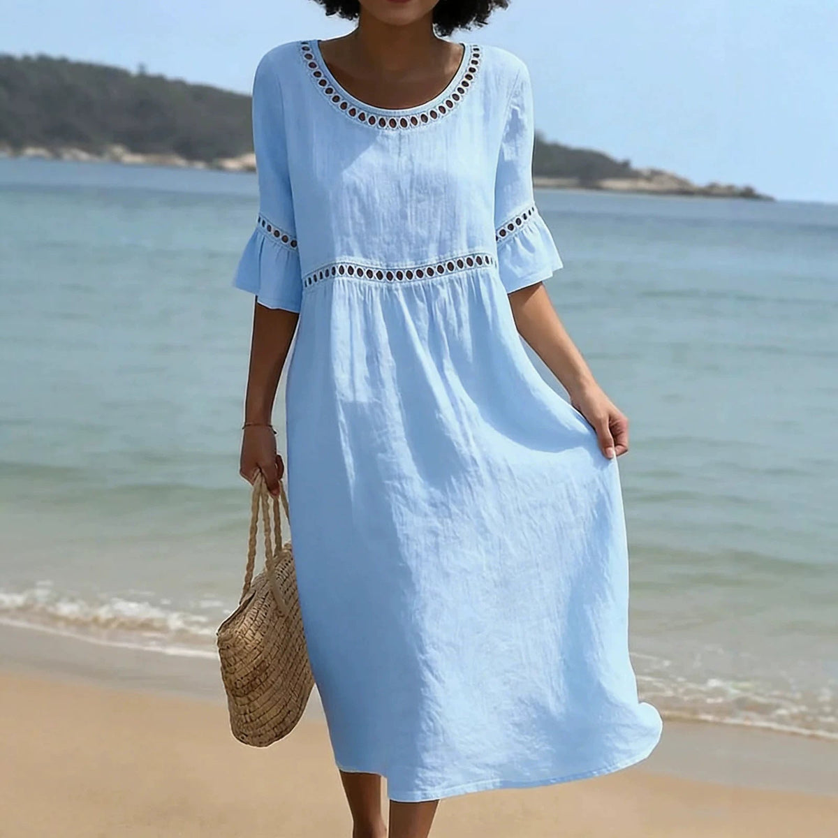 Grace | Women’s Midi Dress | Cutwork Trim Flared Sleeves Summer Wear — image 02 — MAREACO