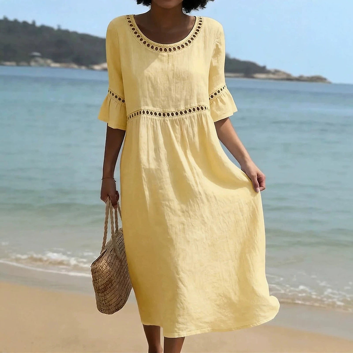 Grace | Women’s Midi Dress | Cutwork Trim Flared Sleeves Summer Wear — image 03 — MAREACO