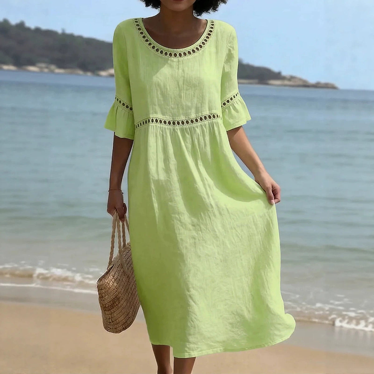 Grace | Women’s Midi Dress | Cutwork Trim Flared Sleeves Summer Wear — image 04 — MAREACO