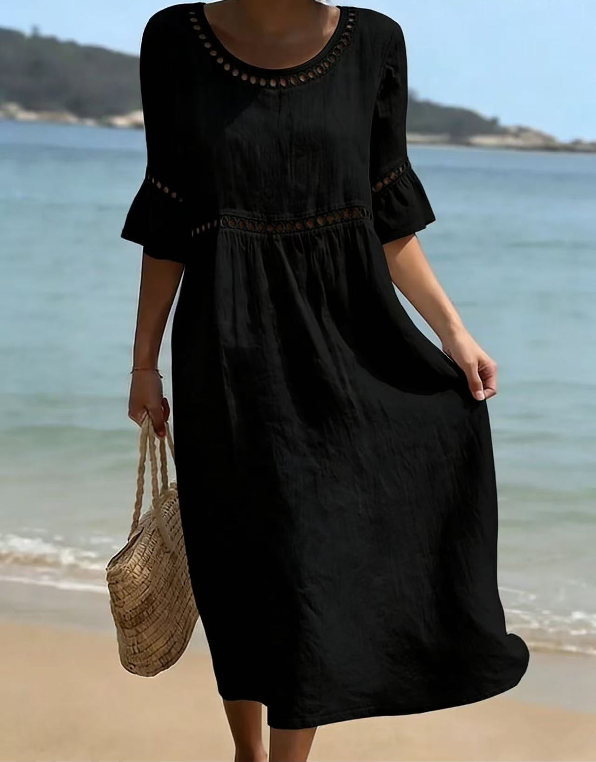 Grace | Women’s Midi Dress | Cutwork Trim Flared Sleeves Summer Wear — image 05 — MAREACO
