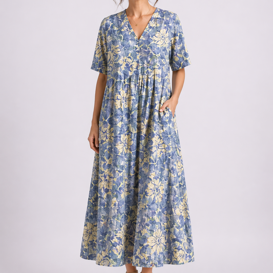 Grace | Women’s Midi Dress | Floral Print Gathered Waist Summer Wear — image 01 — MAREACO