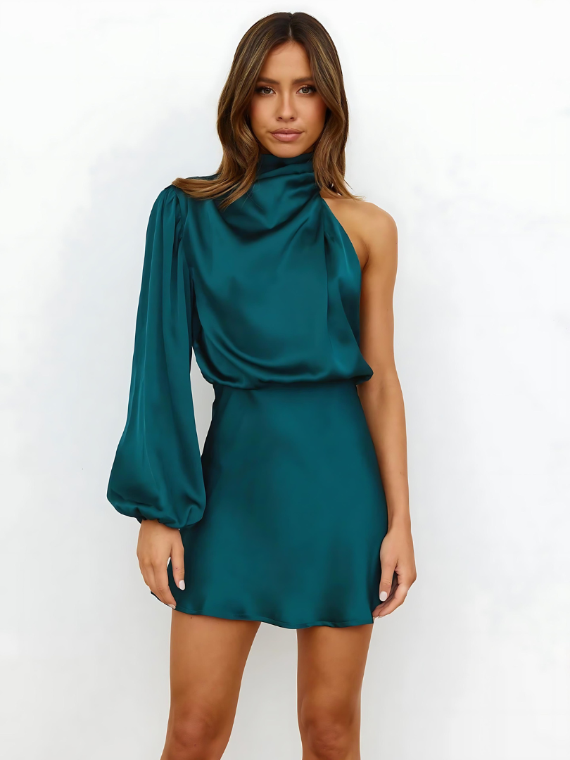 Grace | Women’s Mini Dress | One Shoulder Single Sleeve Evening Wear — image 09 — MAREACO