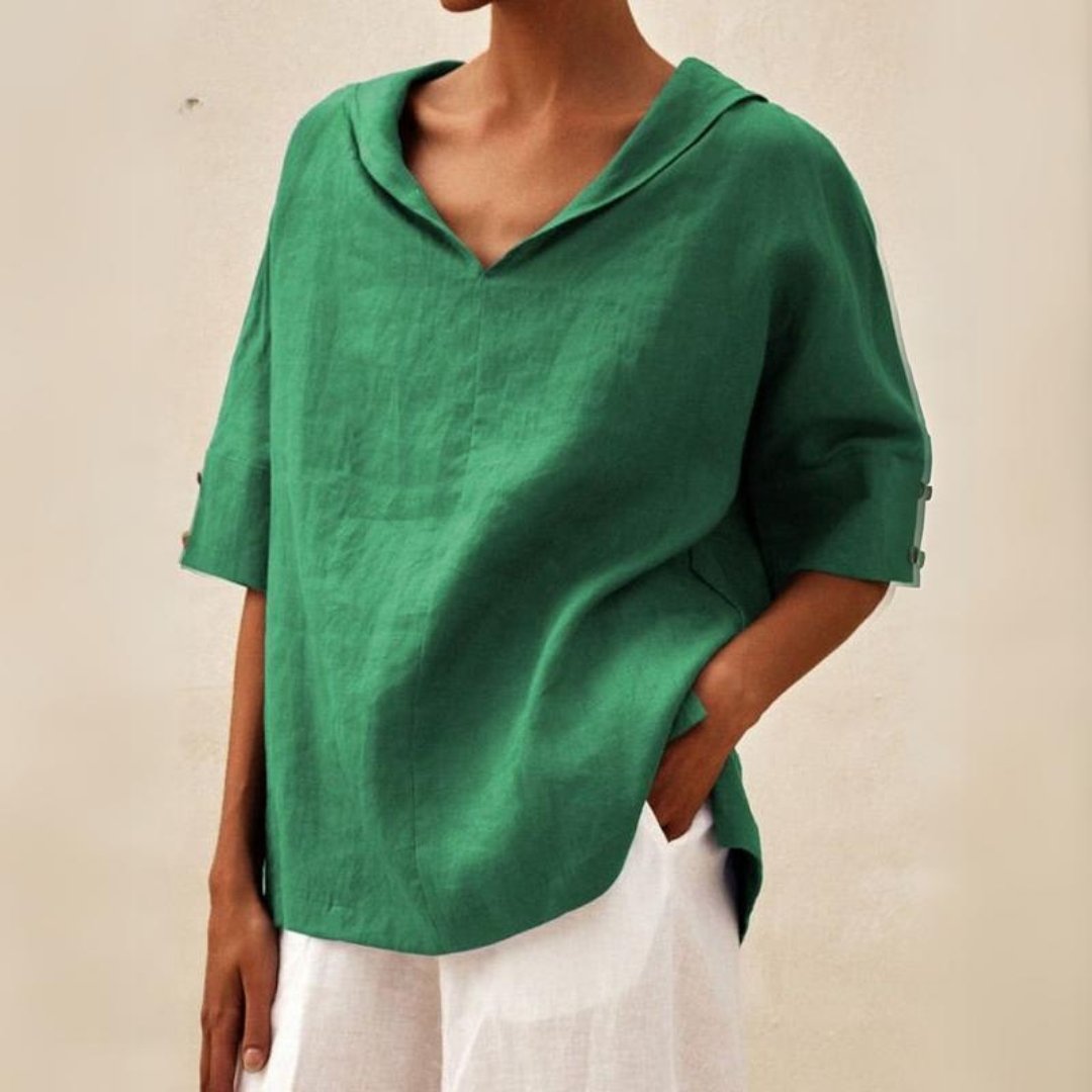Grace | Women’s Top | V Neck Turned Cuffs Everyday Wear — image 01 — MAREACO