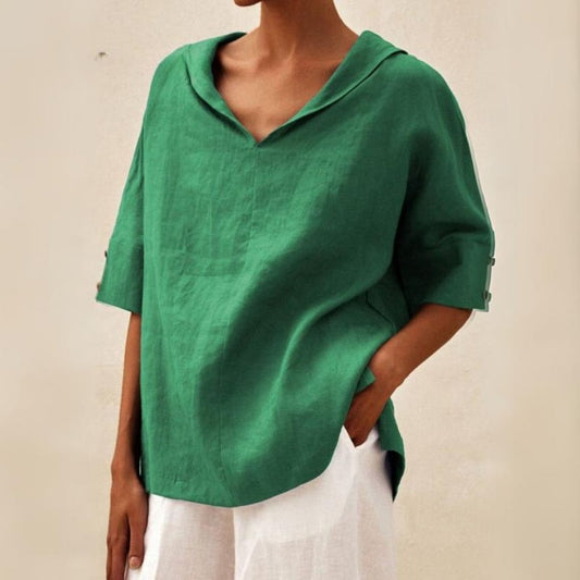 Grace | Women’s Top | V Neck Turned Cuffs Everyday Wear — image 01 — MAREACO