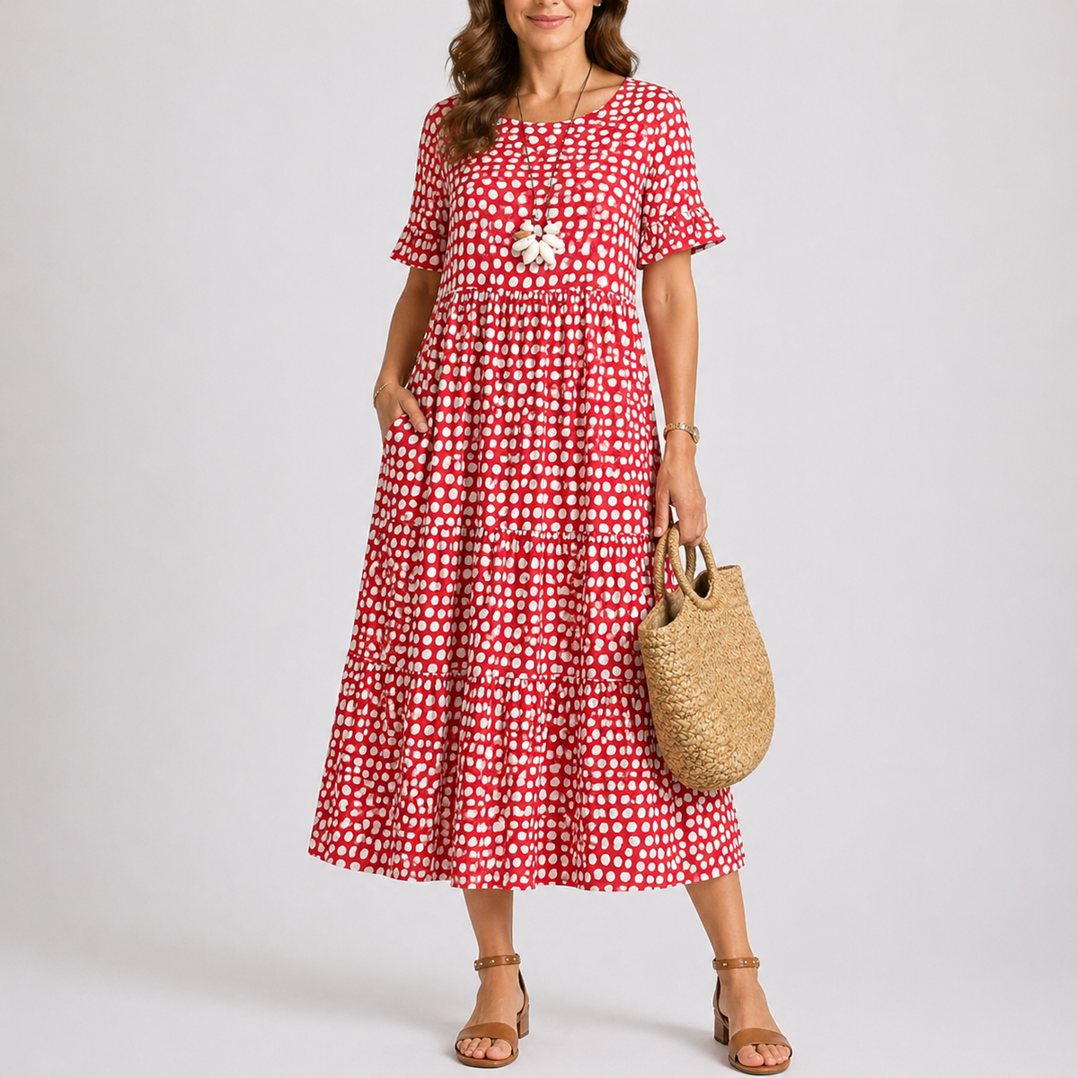 Hannah | Women’s Midi Dress | Polka Dot Print Tiered Skirt Summer Wear — image 01 — MAREACO
