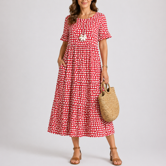 Hannah | Women’s Midi Dress | Polka Dot Print Tiered Skirt Summer Wear — image 01 — MAREACO