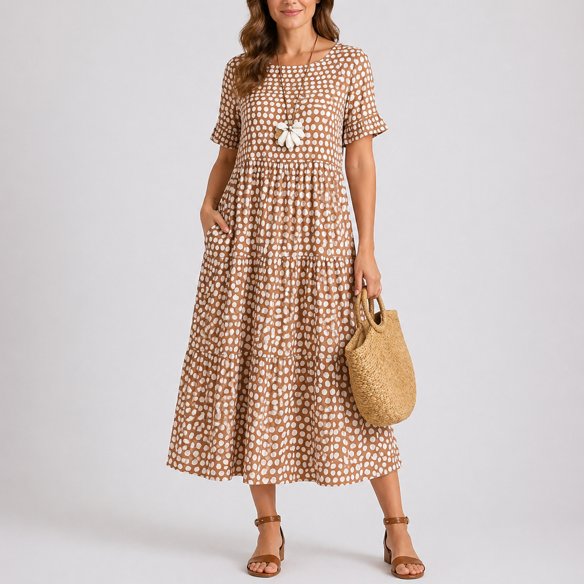 Hannah | Women’s Midi Dress | Polka Dot Print Tiered Skirt Summer Wear — image 02 — MAREACO