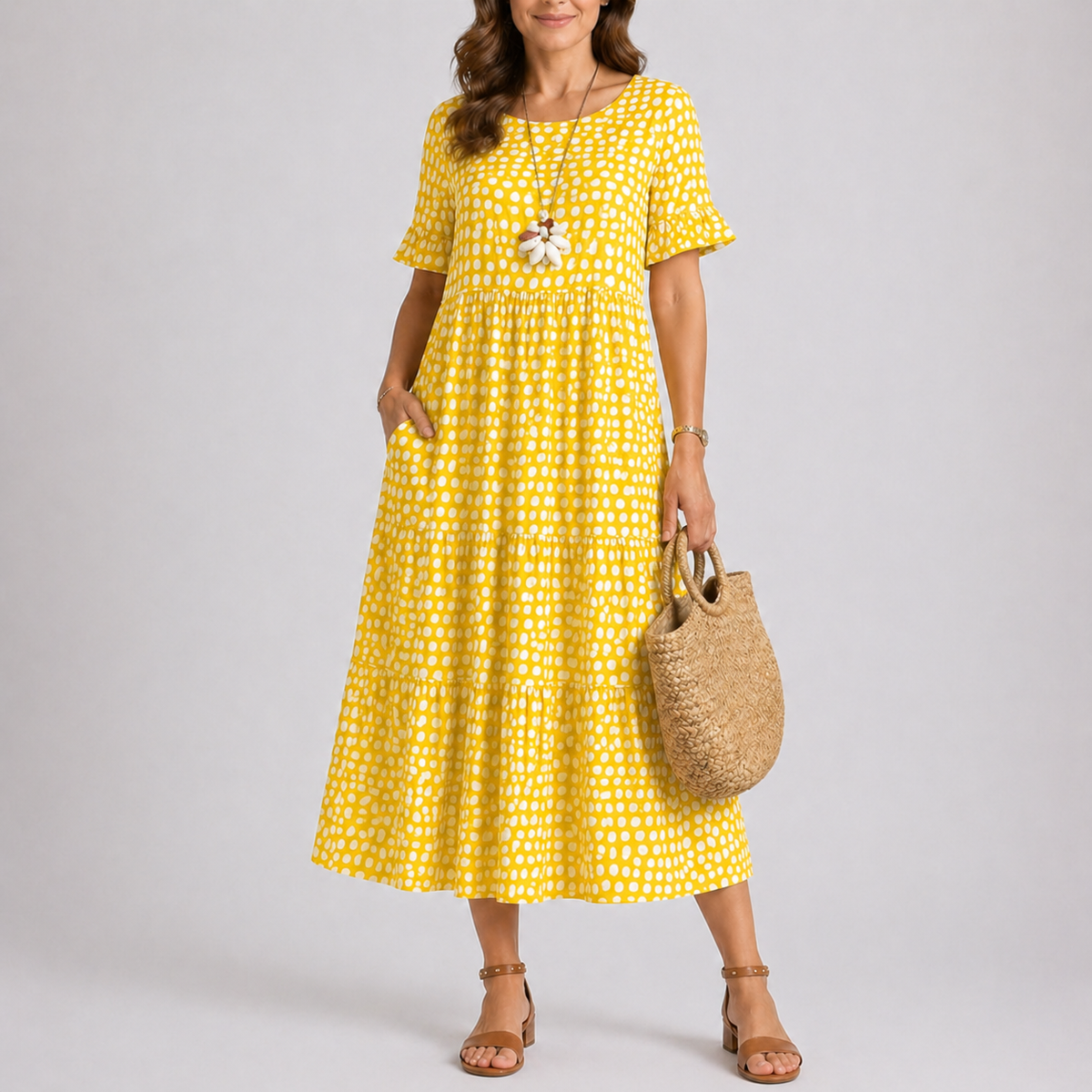 Hannah | Women’s Midi Dress | Polka Dot Print Tiered Skirt Summer Wear — image 03 — MAREACO