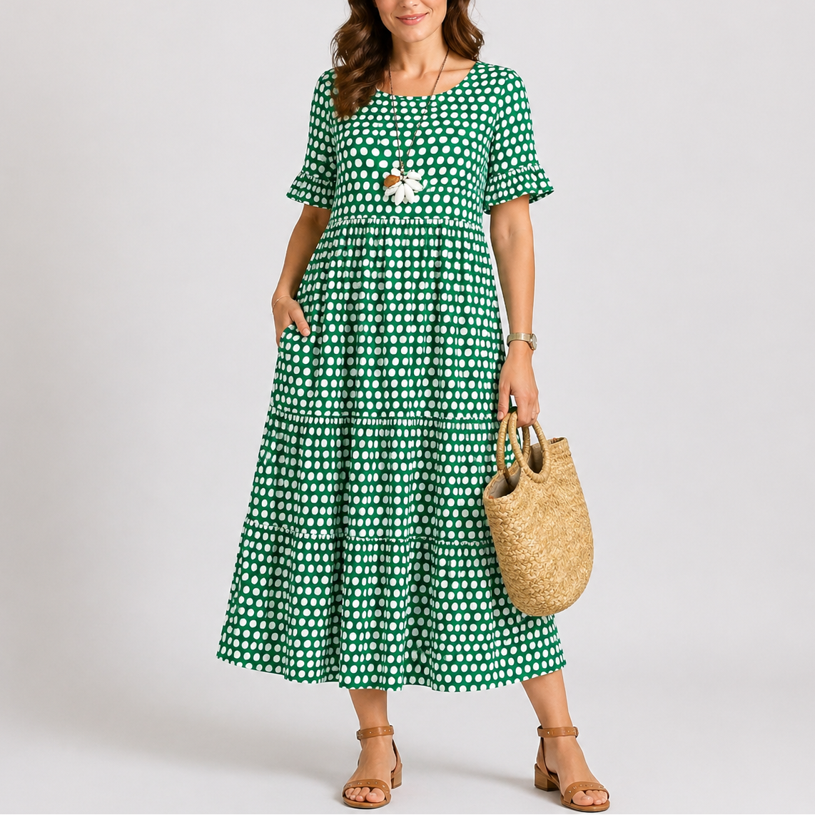 Hannah | Women’s Midi Dress | Polka Dot Print Tiered Skirt Summer Wear — image 04 — MAREACO