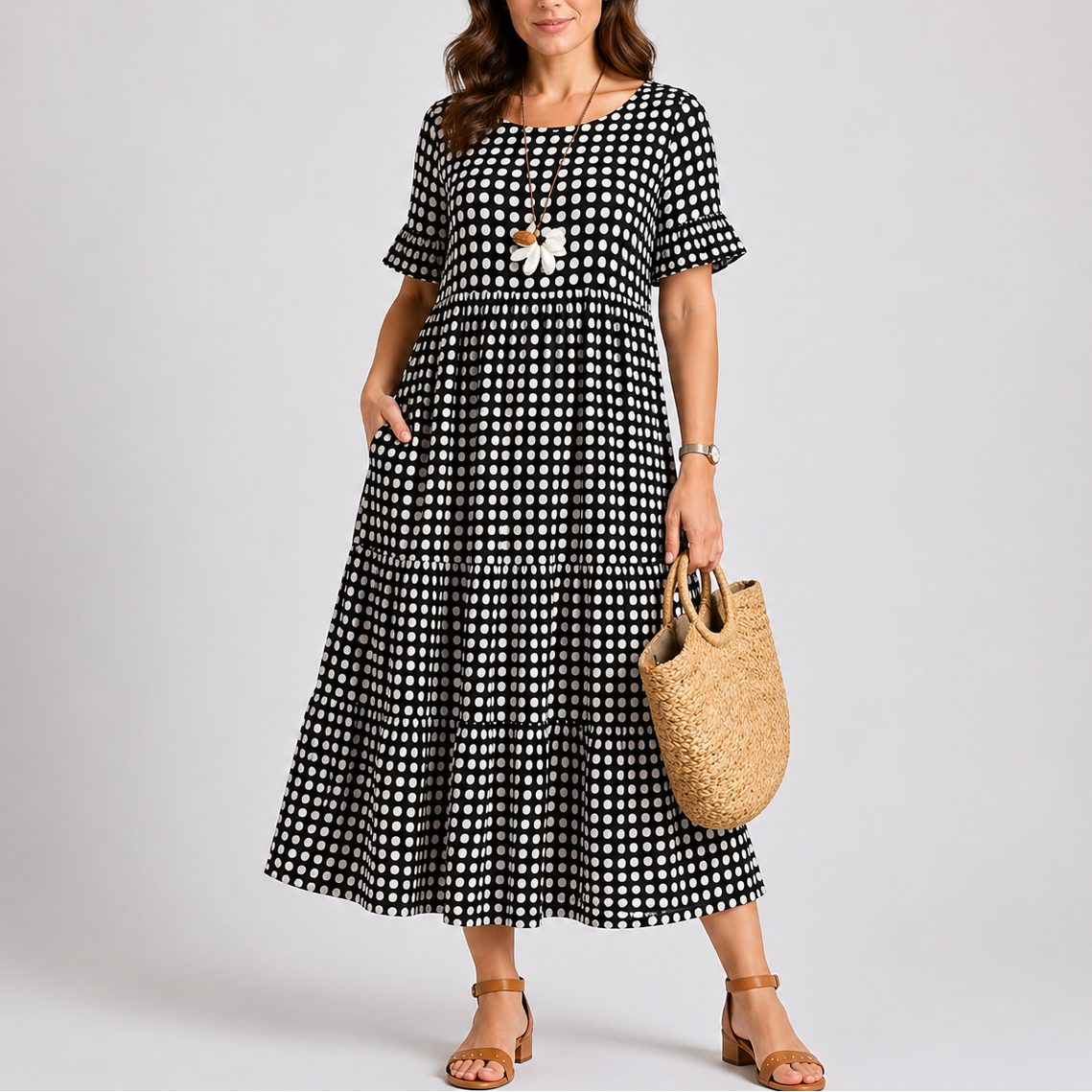 Hannah | Women’s Midi Dress | Polka Dot Print Tiered Skirt Summer Wear — image 05 — MAREACO