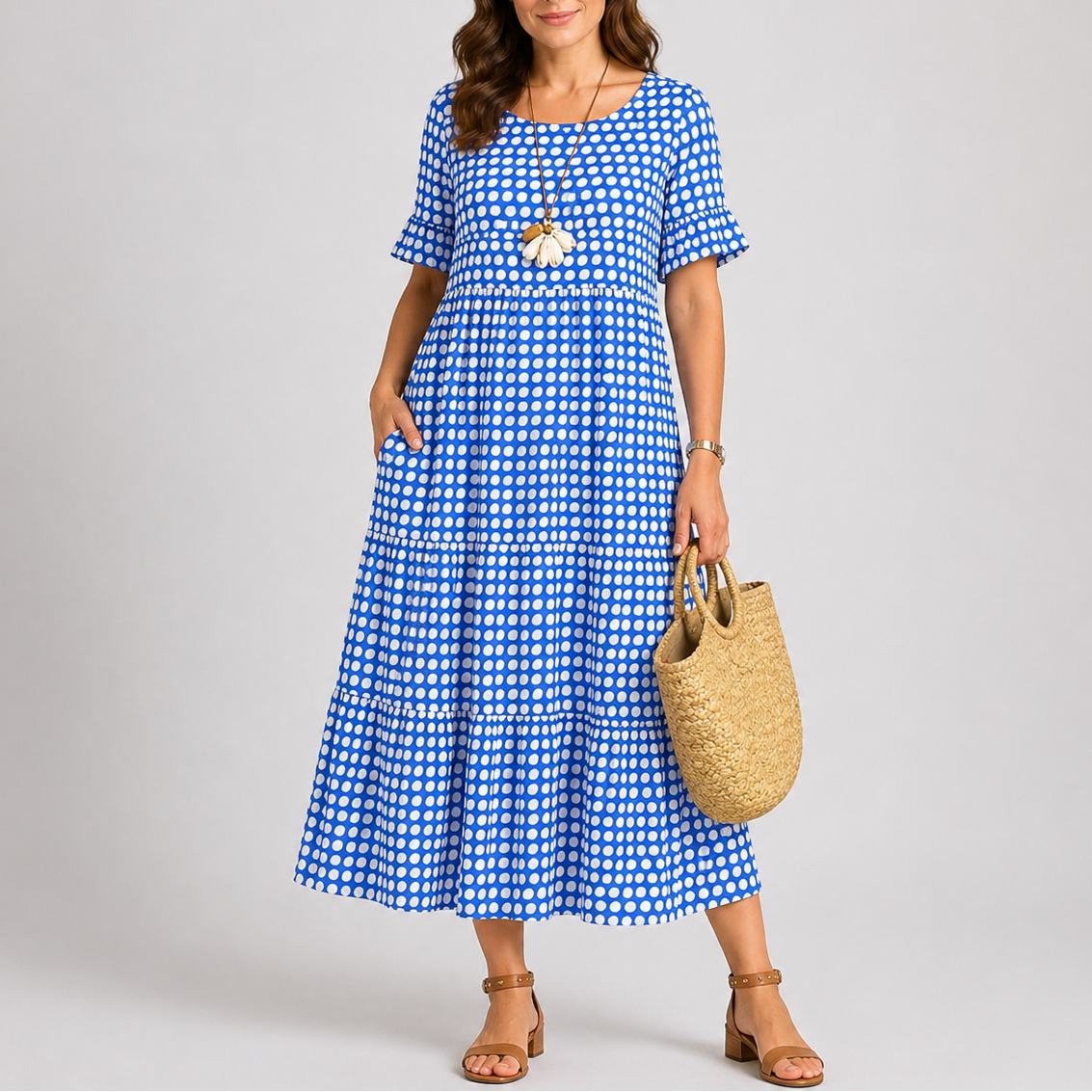 Hannah | Women’s Midi Dress | Polka Dot Print Tiered Skirt Summer Wear — image 06 — MAREACO