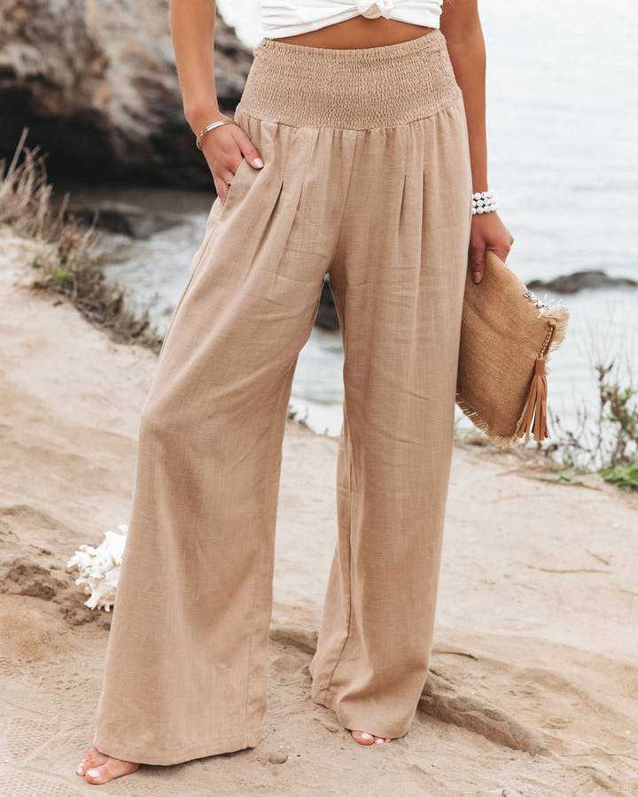 Hannah | Women’s Trousers | Wide Legs Gathered Waist Holiday Wear — image 01 — MAREACO