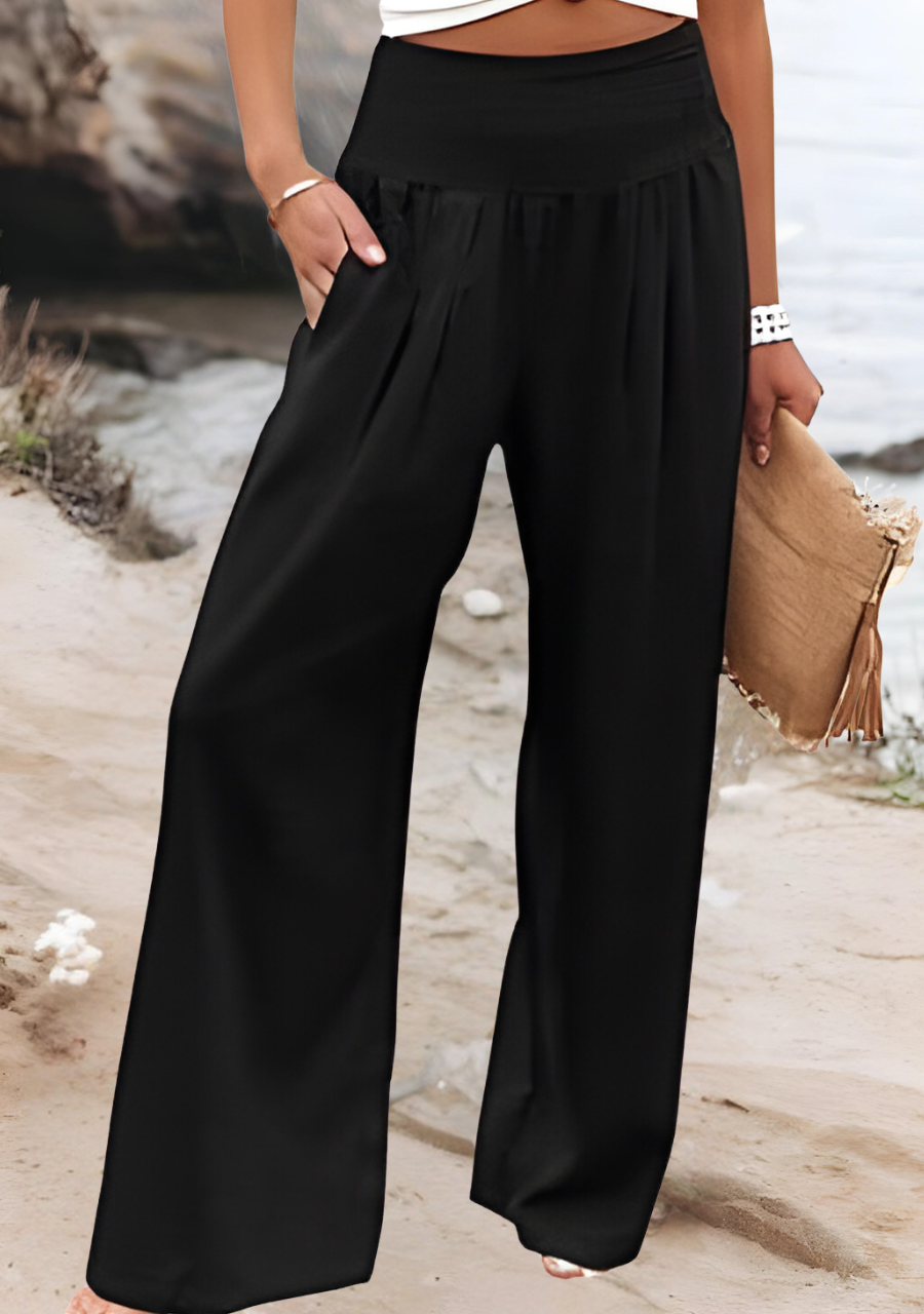 Hannah | Women’s Trousers | Wide Legs Gathered Waist Holiday Wear — image 02 — MAREACO