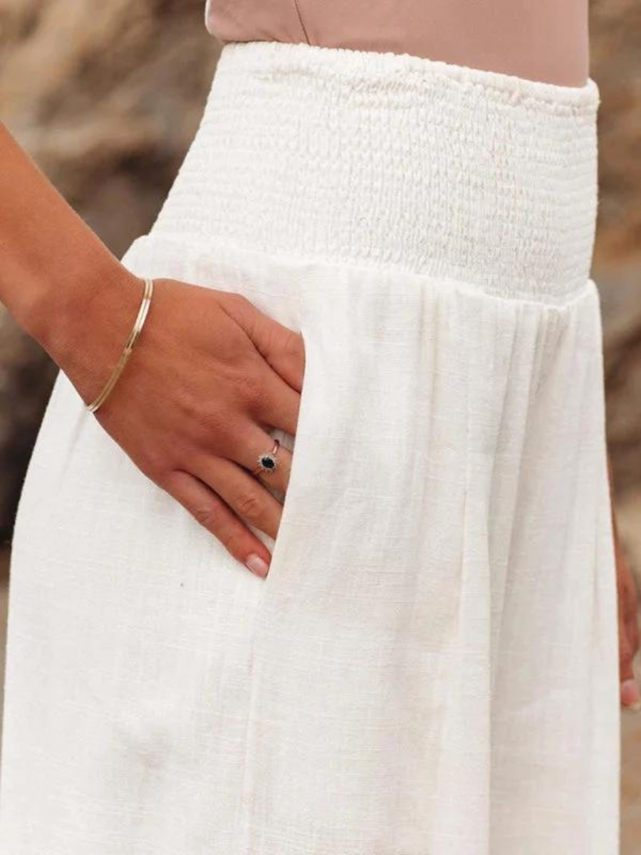 Hannah | Women’s Trousers | Wide Legs Gathered Waist Holiday Wear — image 04 — MAREACO