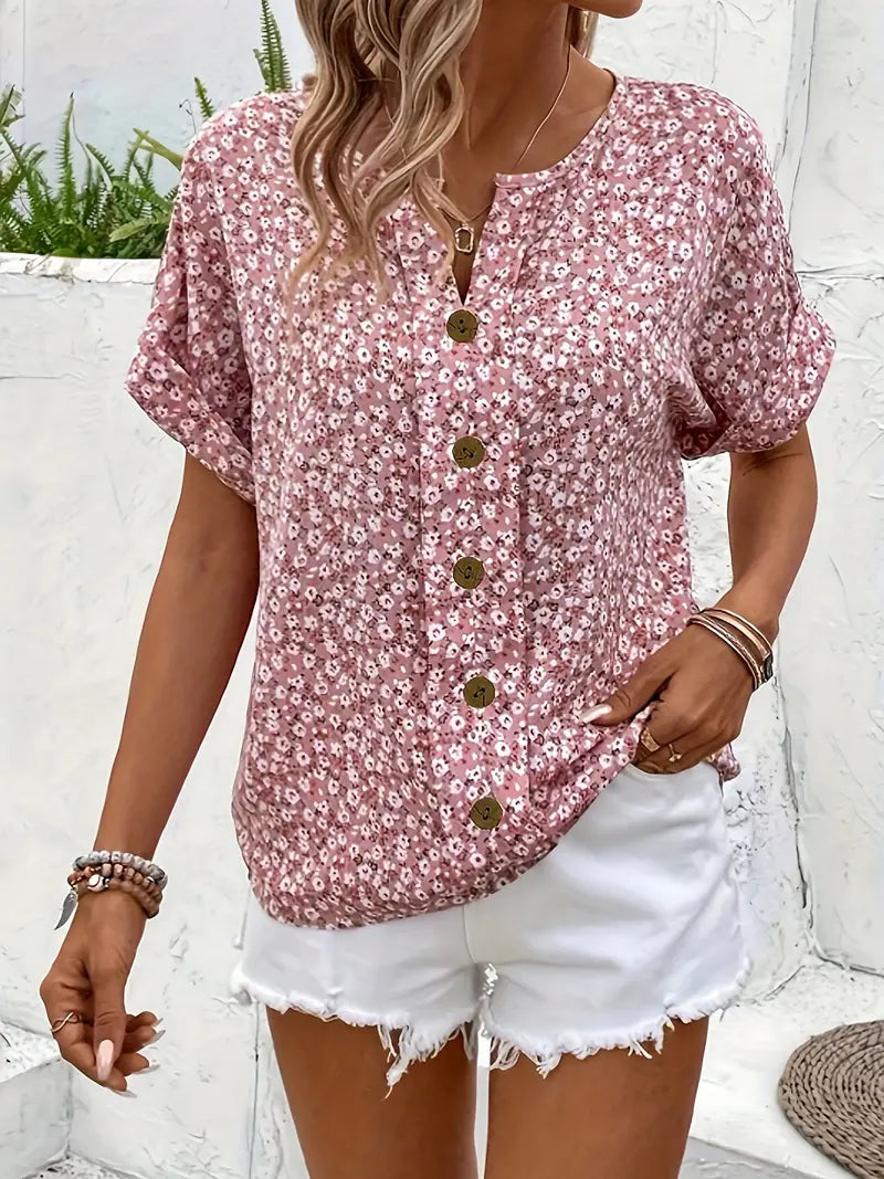Harriet | Women’s Blouse | Floral Print Short Sleeves Summer Wear — image 02 — MAREACO
