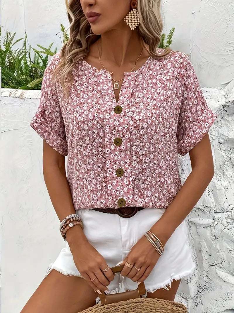 Harriet | Women’s Blouse | Floral Print Short Sleeves Summer Wear — image 04 — MAREACO