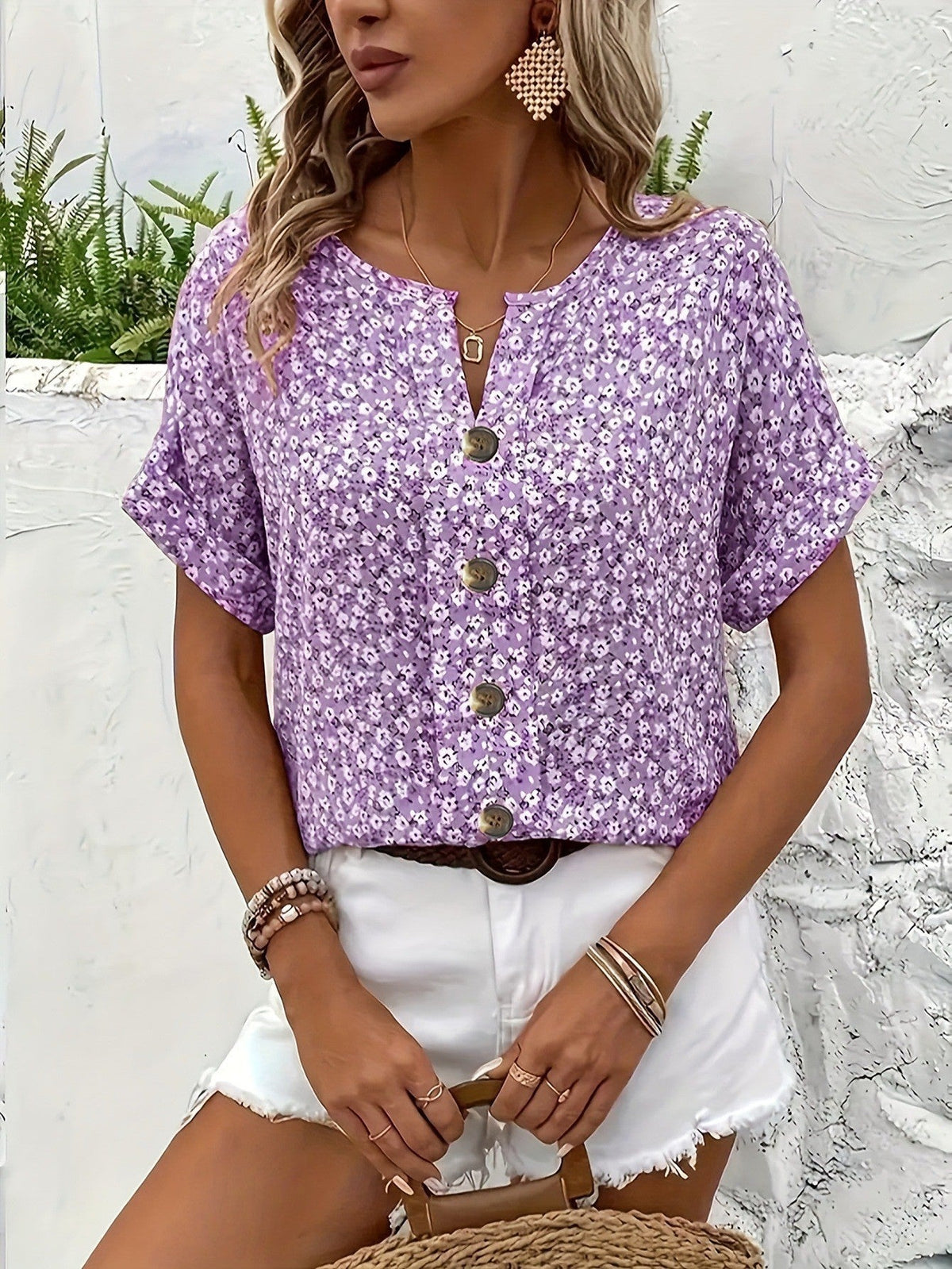 Harriet | Women’s Blouse | Floral Print Short Sleeves Summer Wear — image 07 — MAREACO