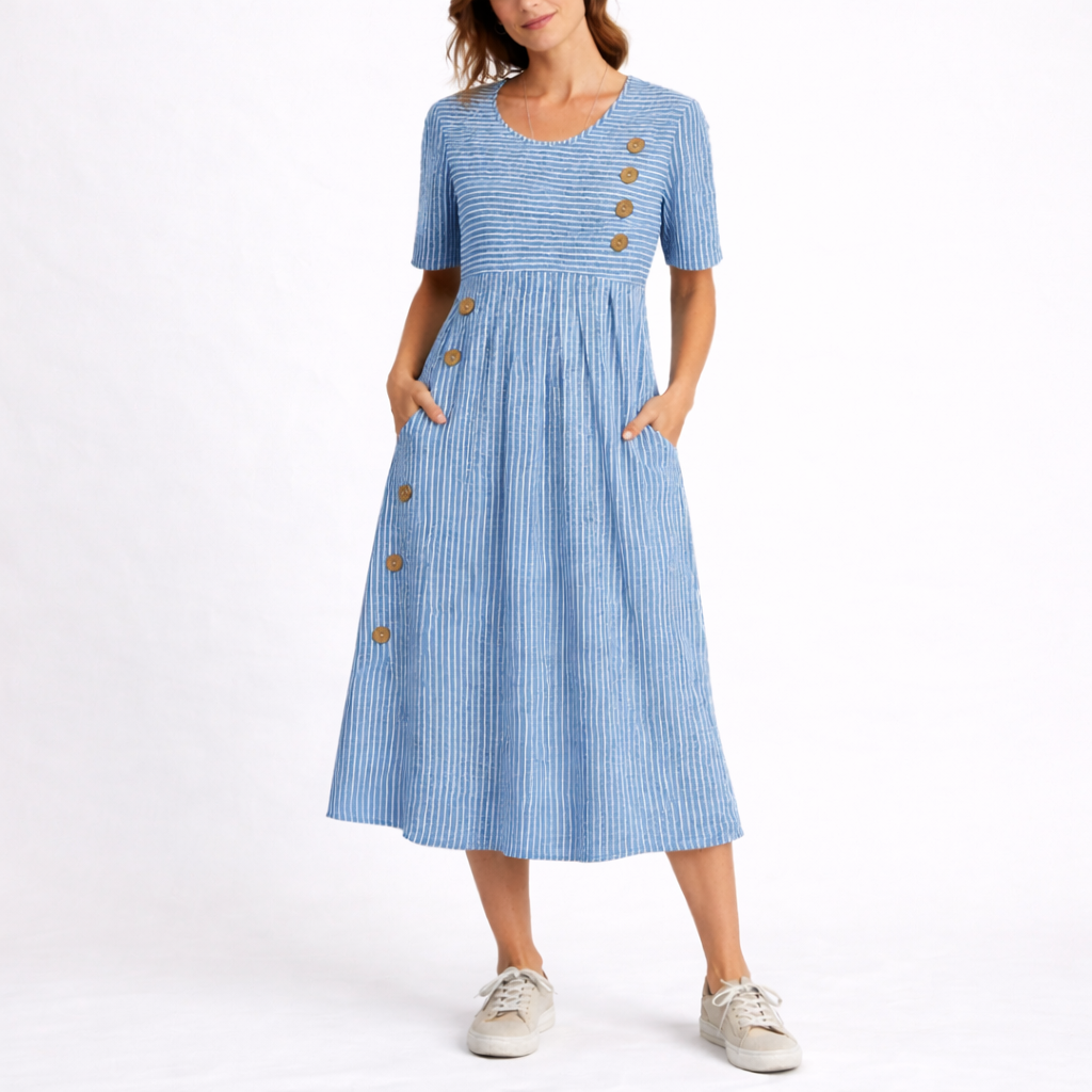 Harriet | Women’s Midi Dress | Striped Pattern Side Buttons Everyday Wear — image 01 — MAREACO