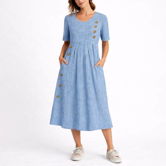 Harriet | Women’s Midi Dress | Striped Pattern Side Buttons Everyday Wear — image 01 — MAREACO