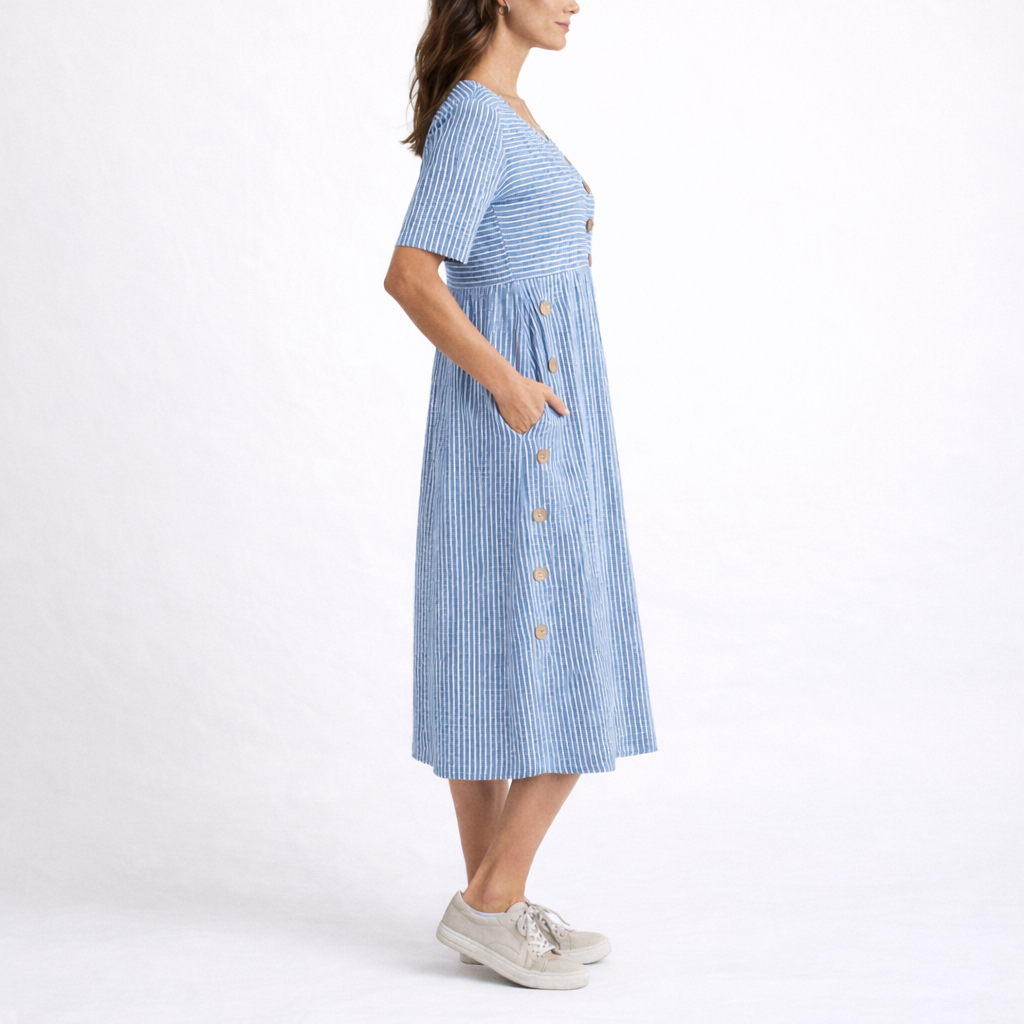 Harriet | Women’s Midi Dress | Striped Pattern Side Buttons Everyday Wear — image 02 — MAREACO
